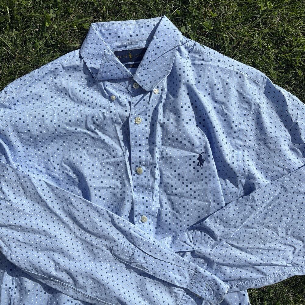 Ralph Lauren Polo Shirt Men's Large Blue Polka Dot Long Sleeve Button Up Logo